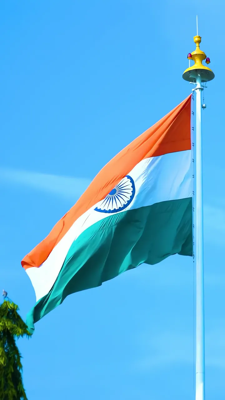 India Flag Waving In Blue Sky Republic Day Celebration