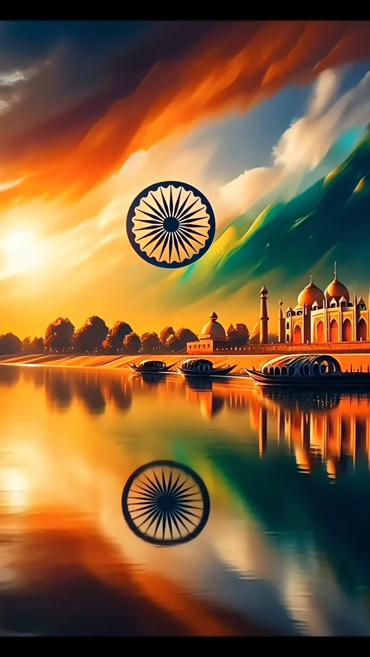 India Flag Sky With Taj Mahal And Ashoka Chakra Reflection