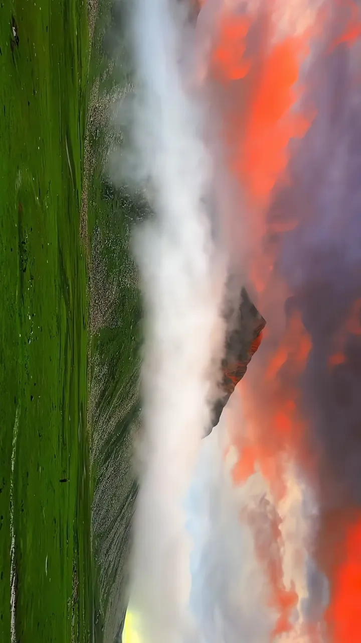 Vibrant Red Sky Over Mountainous Landscape With Lush Green Fields
