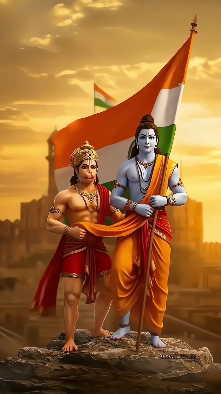 Shiva And Hanuman Holding Indian Flag At Sunset