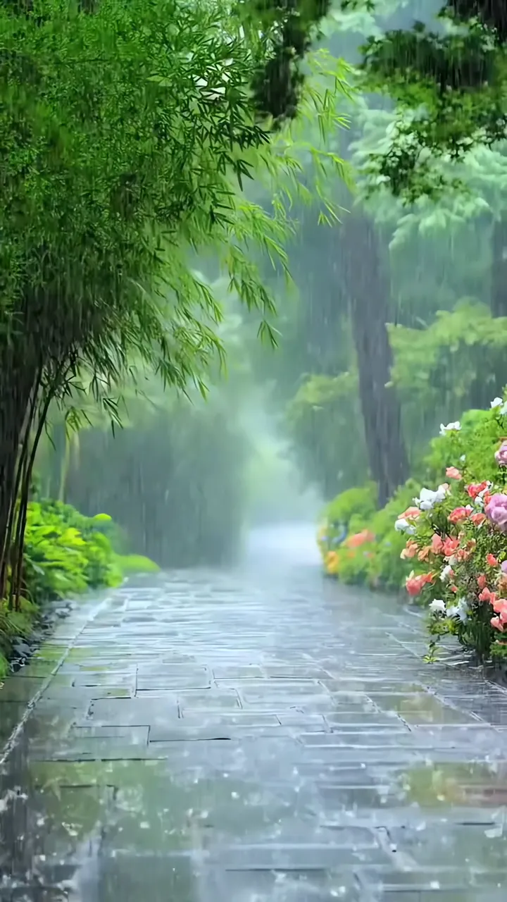 Rainy Bamboo Garden Path With Pink Roses And Stone Walkway
