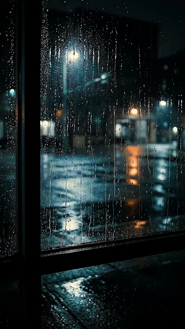 Rainy Night Cityscape Through Wet Window With Streetlights