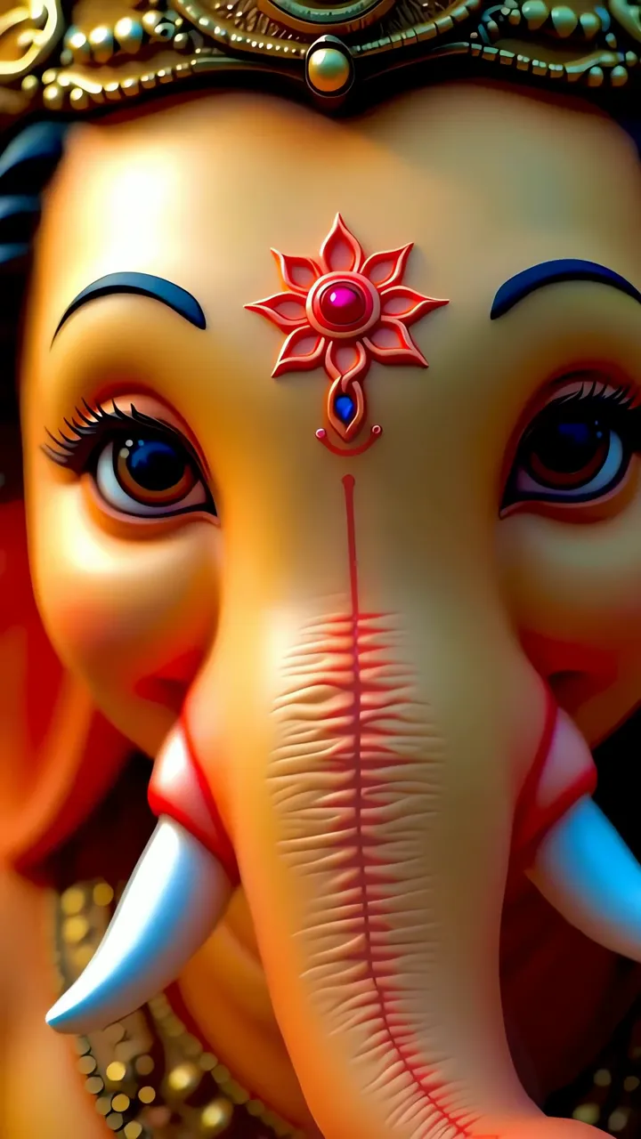Ganpati Bappa Divine Face With Red Bindu And Golden Crown