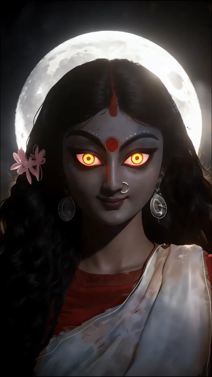 Durga Devi With Glowing Eyes And Full Moon Background