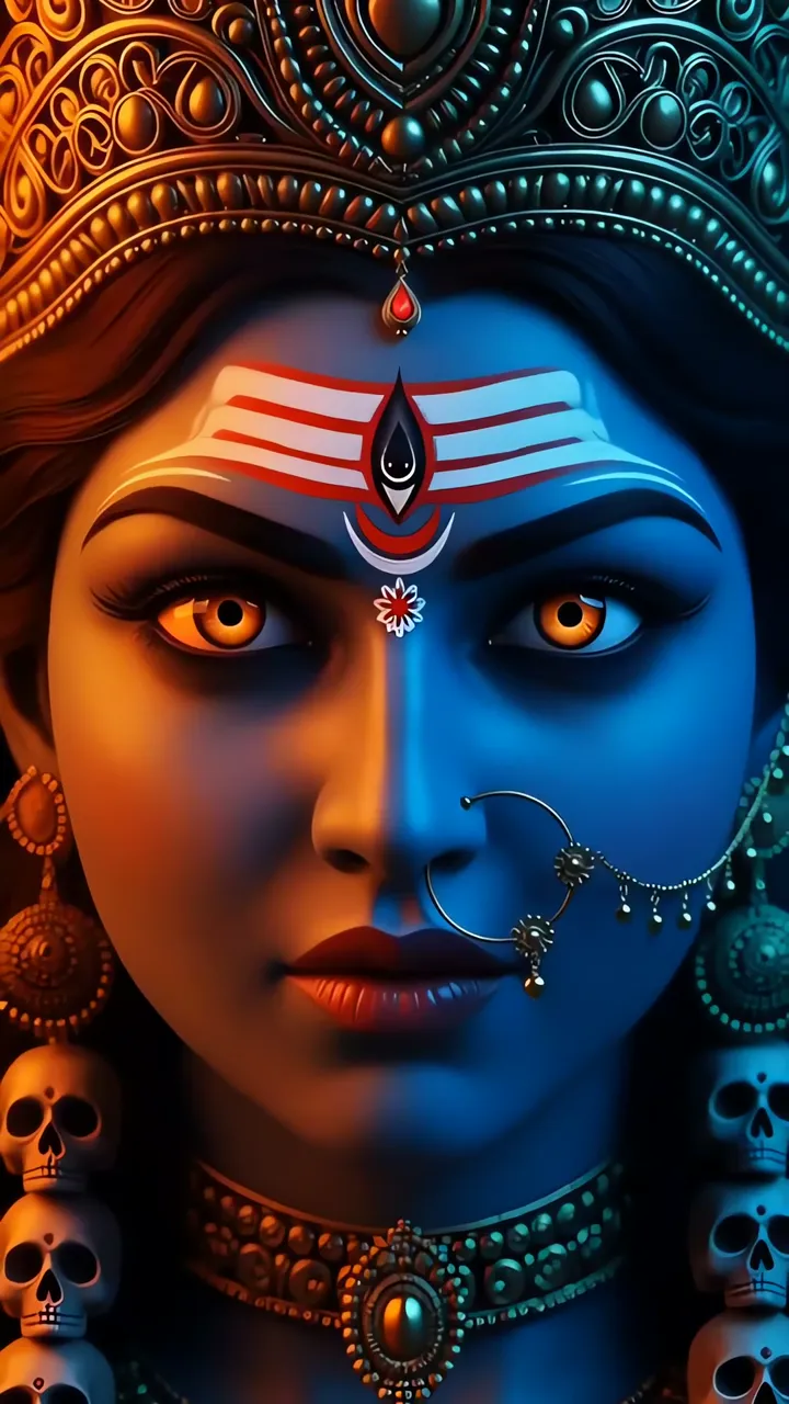 Jai Maa Kali Divine Face With Skulls And Blue Aura