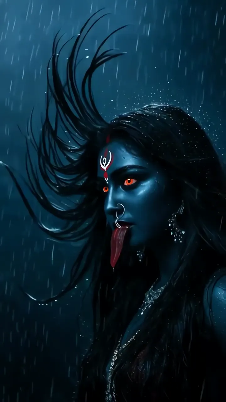 Kali Devi Rainstorm With Red Eyes And Tongue