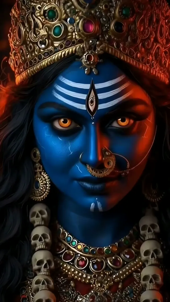 Bhadrakali Divine Goddess With Blue Skin And Skull Necklace
