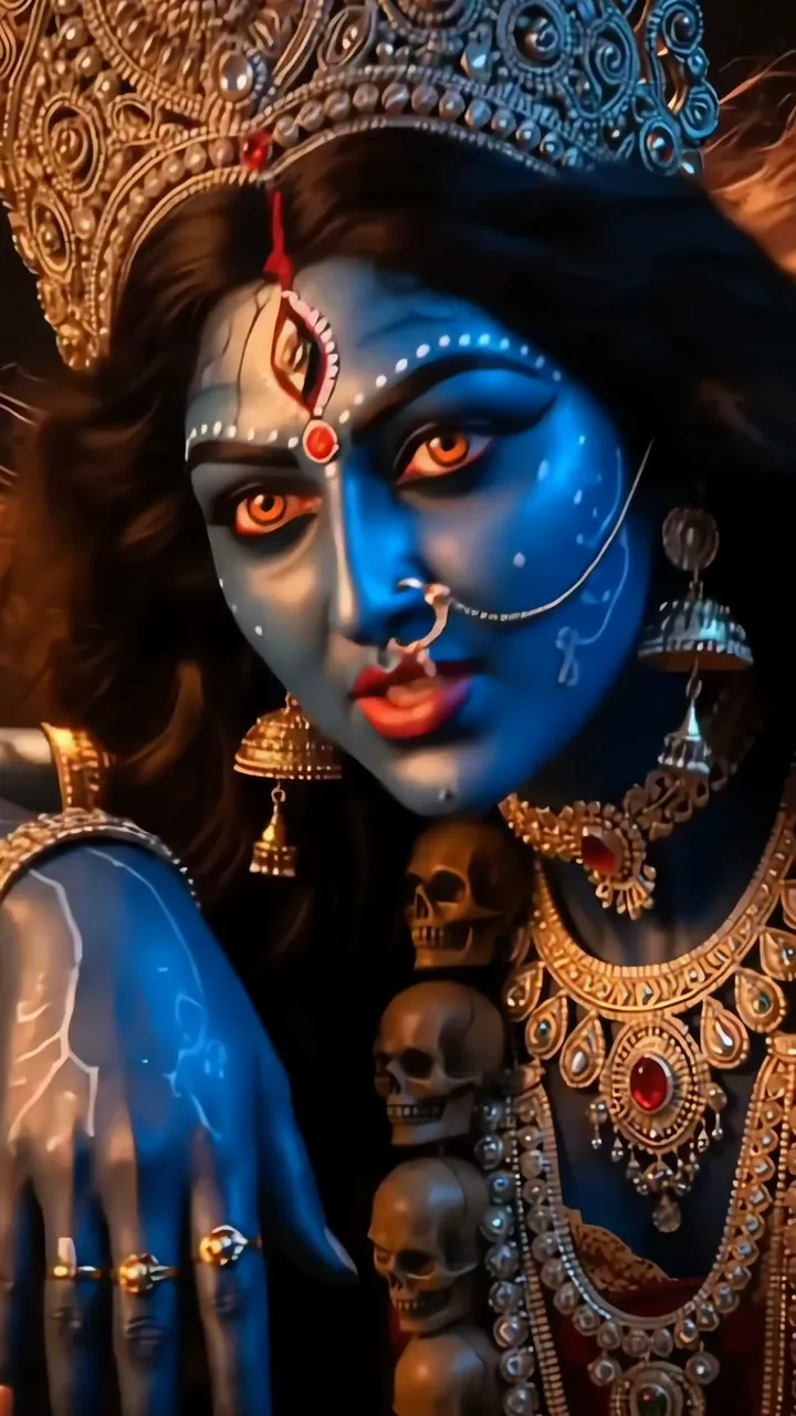 Kali Devi Blue Skin With Golden Jewelry And Skulls