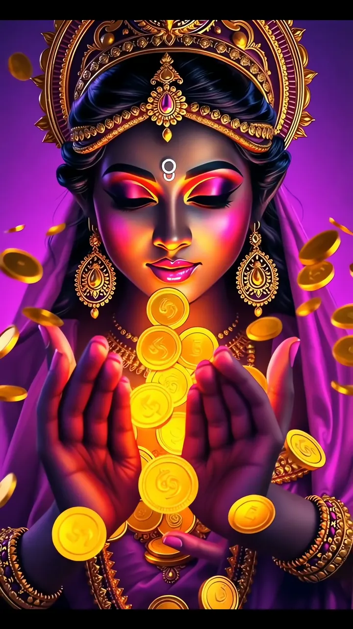 Goddess Lakshmi Blessing With Golden Coins And Purple Aura