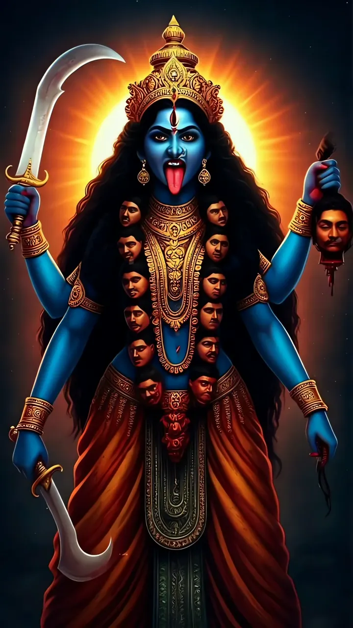 Blue Kali Mata With Multiple Heads And Sword