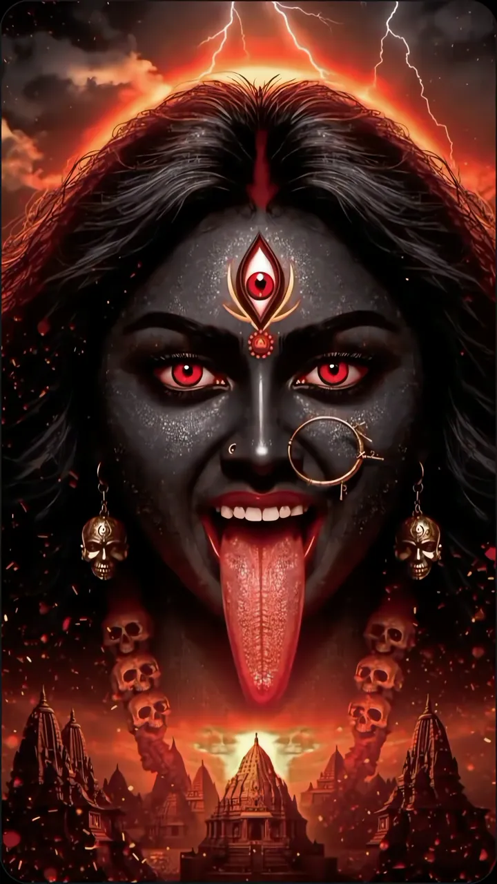 Kali Devi With Red Eyes And Skull Necklace Dark Horror Scene
