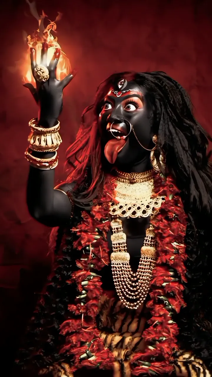 Kali Devi With Burning Hand And Red Flower Garlands
