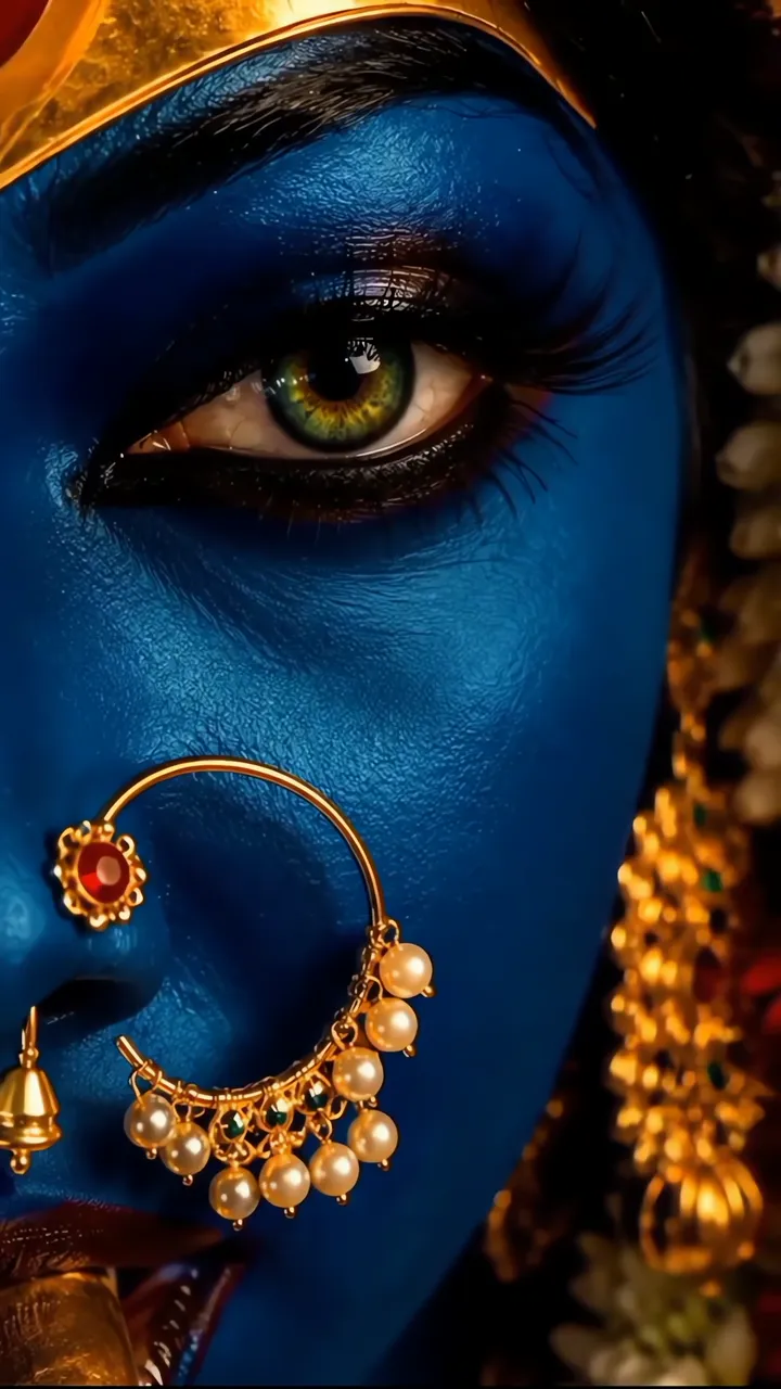Goddess Kali Blue Skin With Golden Jewelry And Green Eyes