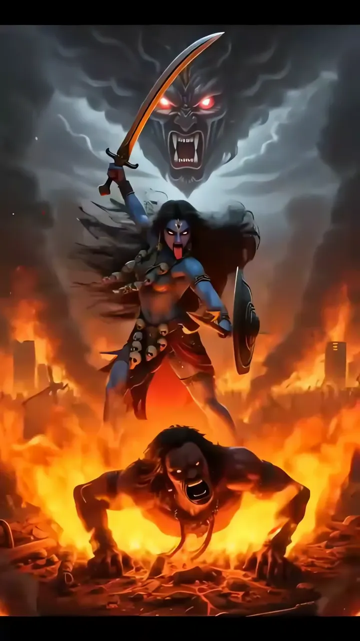 Kali Devi Warrior With Sword And Skulls In Fiery Battlefield