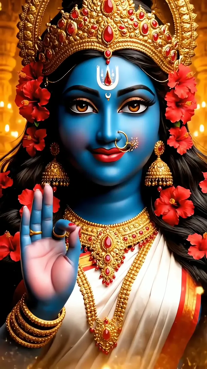 Blue Kali Devi With Red Hibiscus And Golden Jewelry