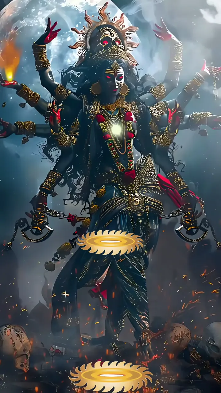 Mahakali Divine Warrior With Red Eyes And Golden Weapons