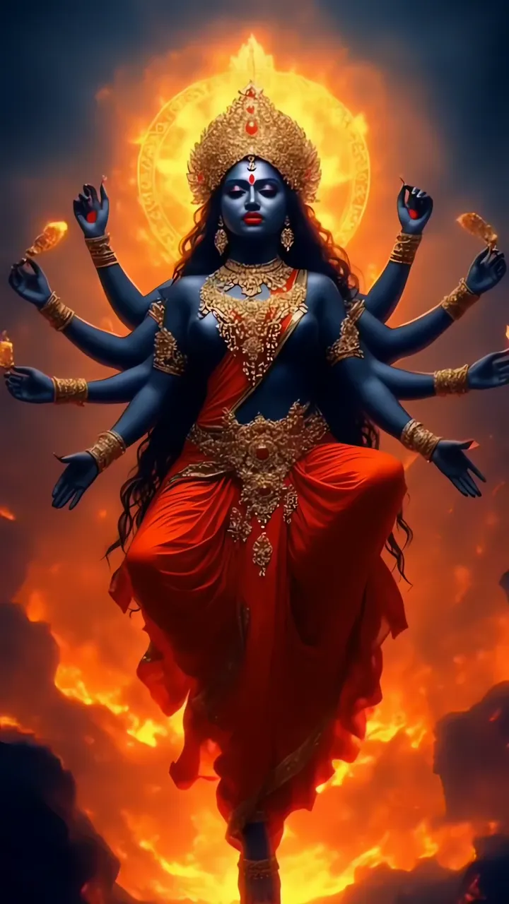 Kali Devi Glowing Blue Skin With Fire Aura And Red Sari