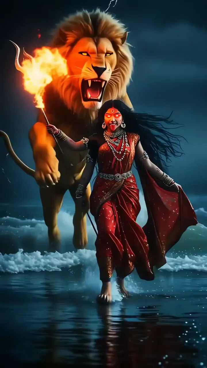 Durga With Fire Lion Walking On Beach At Night