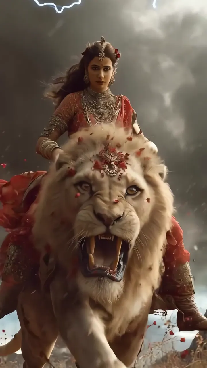 Powerful Warrior Woman Riding White Lion With Red Rose Petals