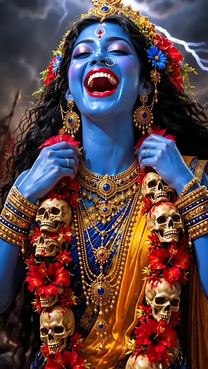 Blue Skinned Kali Devi Laughing With Skulls And Red Flowers