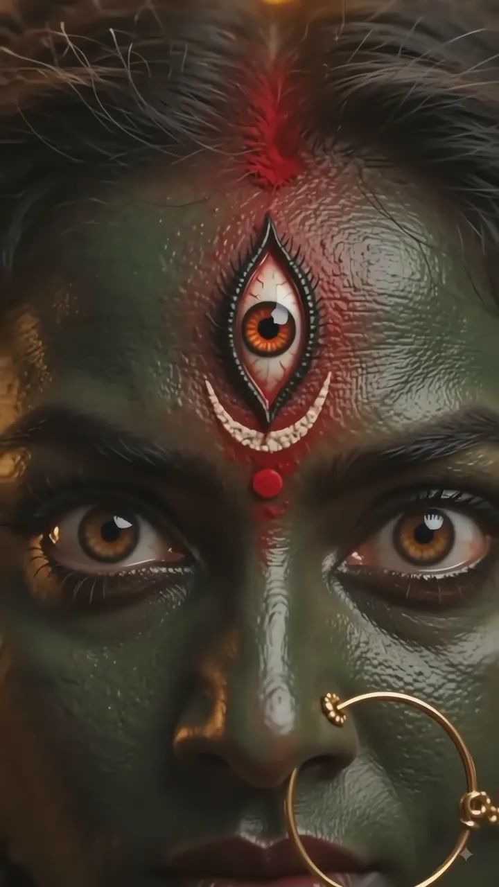 Mahakali In Rodra Form With Third Eye And Green Skin