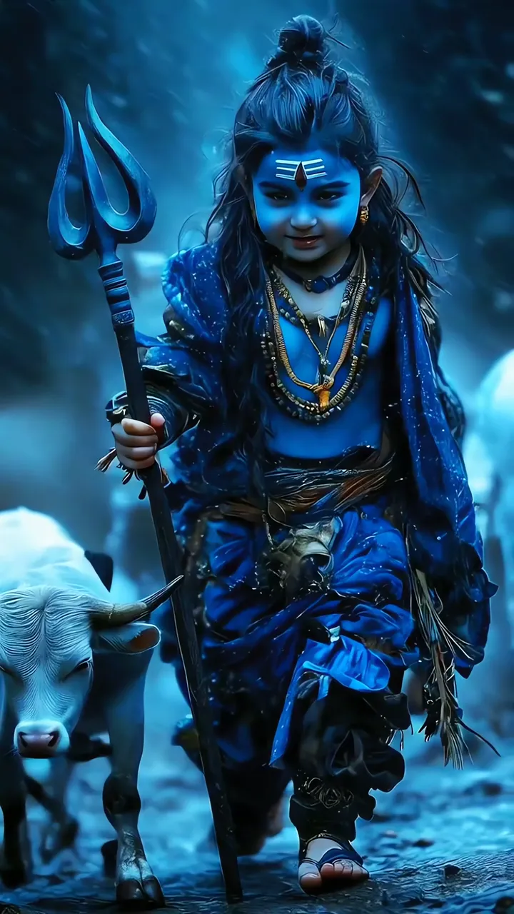 Blue Glowing Shiva Child With Trishul And Cow
