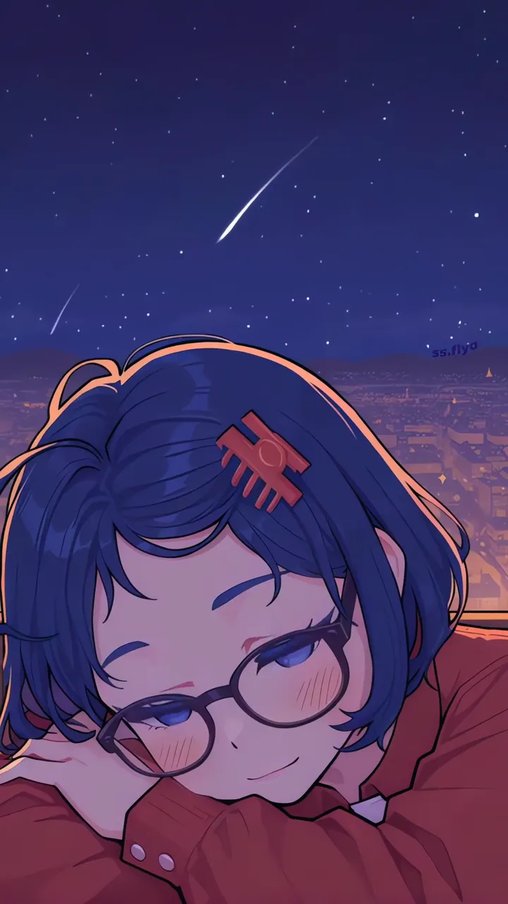 Anime Girl With Blue Hair And Glasses Watching Night Sky With Shooting Stars