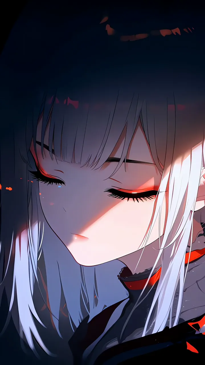 Anime Girl With Closed Eyes And Red Glow