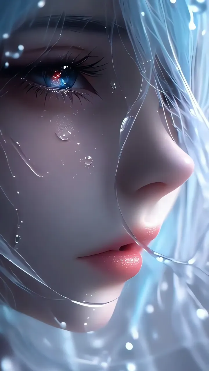 Anime Girl With Blue Hair And Tearful Eyes In Water