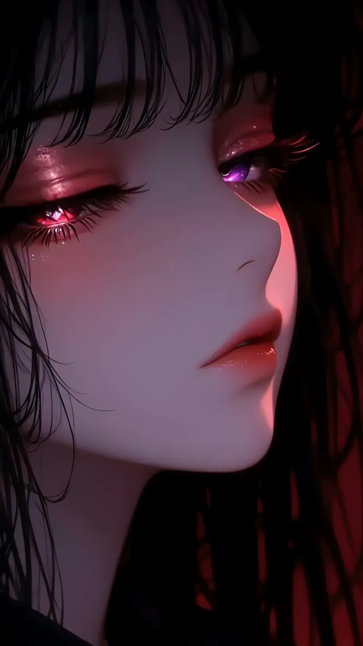 Anime Girl With Red And Purple Eyes In Dark Neon Glow
