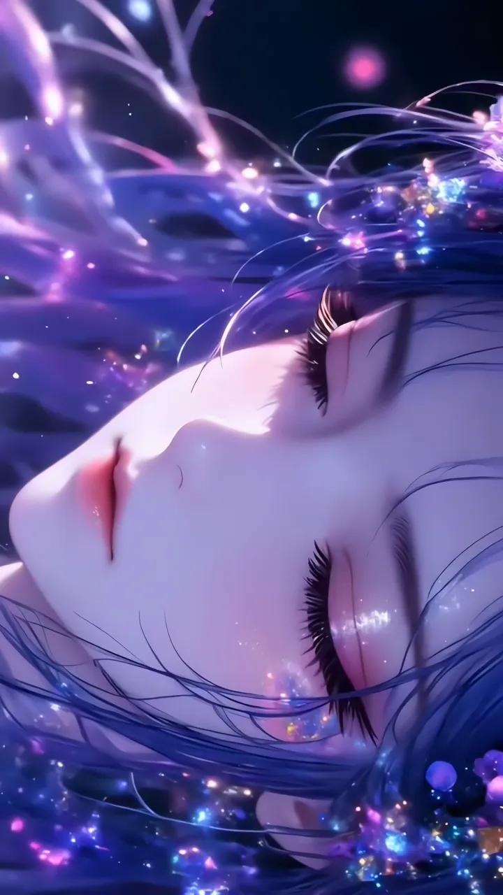 Anime Girl With Blue Hair Floating In Cosmic Sparkles