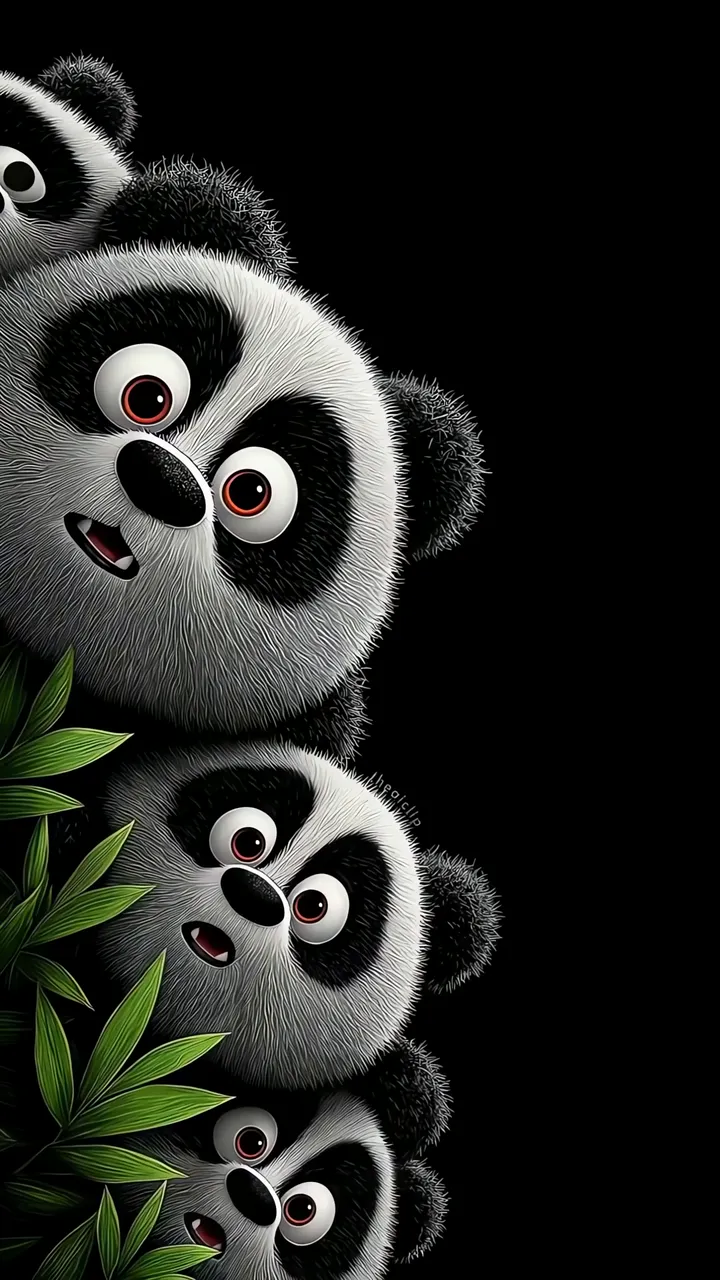 Cute Panda Family Peeking Through Bamboo Leaves
