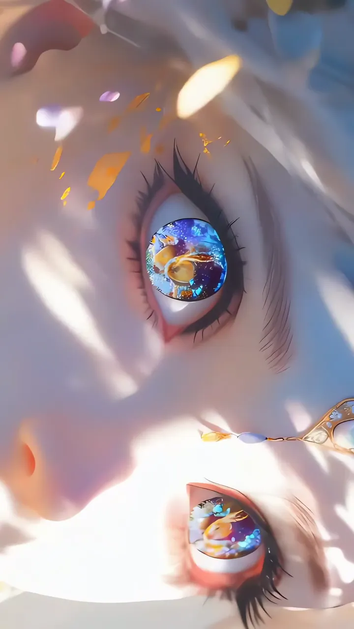 Anime Girl With Cosmic Eye Reflection And Golden Sparkles