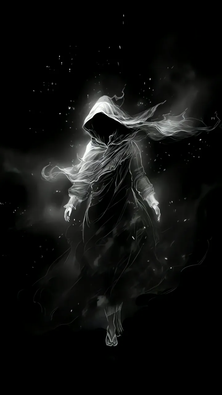 Mysterious Hooded Figure Floating In Dark With Glowing Effect