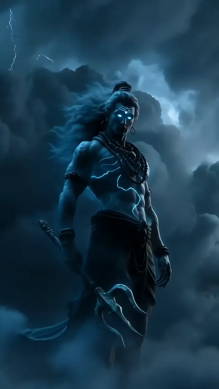 Shiva With Blue Aura And Lightning In Dark Storm