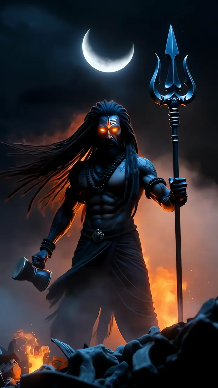 Shiva With Glowing Eyes And Trishul Moonlit Battlefield