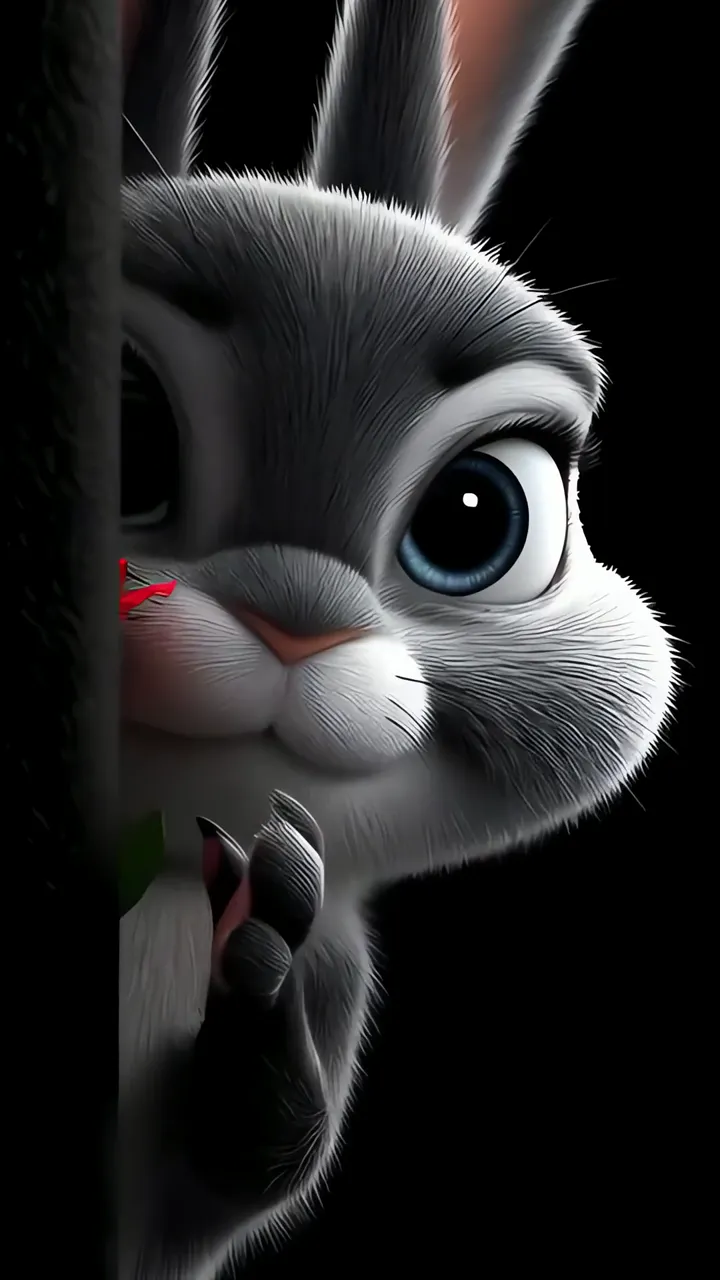 Cute Curious Gray Rabbit Peeking From Behind Tree