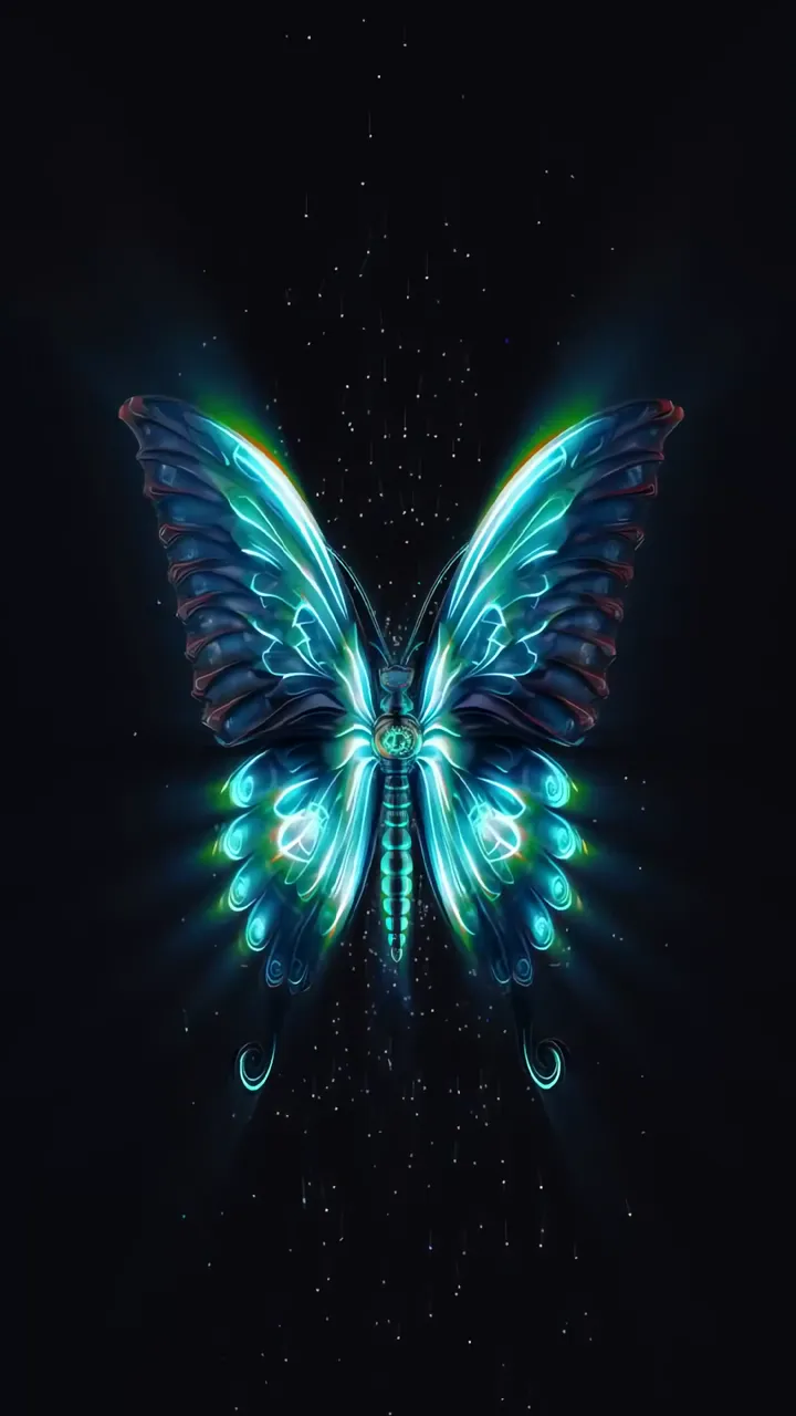 Glowing Electric Butterfly With Neon Wings And Starry Sky