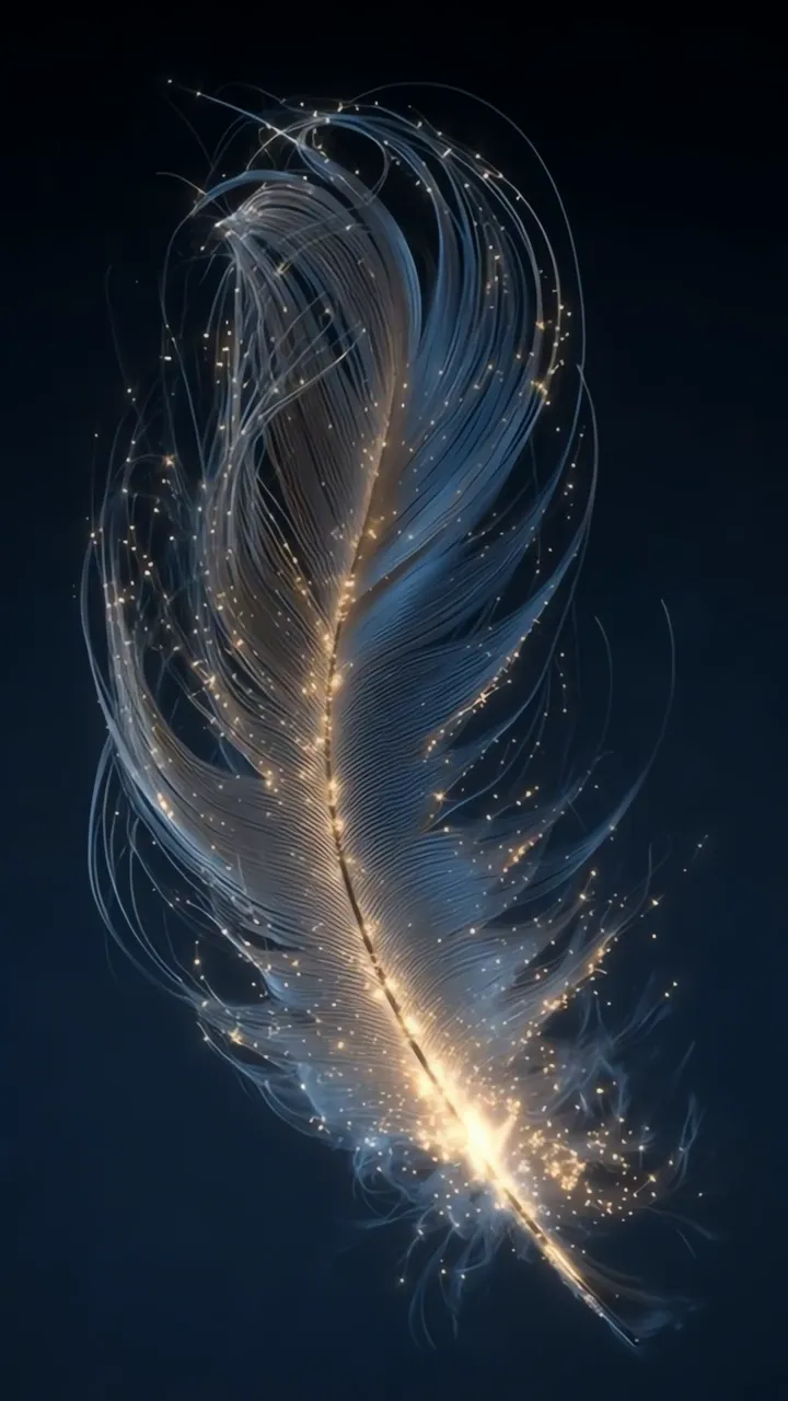 Glowing Feather With Golden Sparkles And Blue Aura