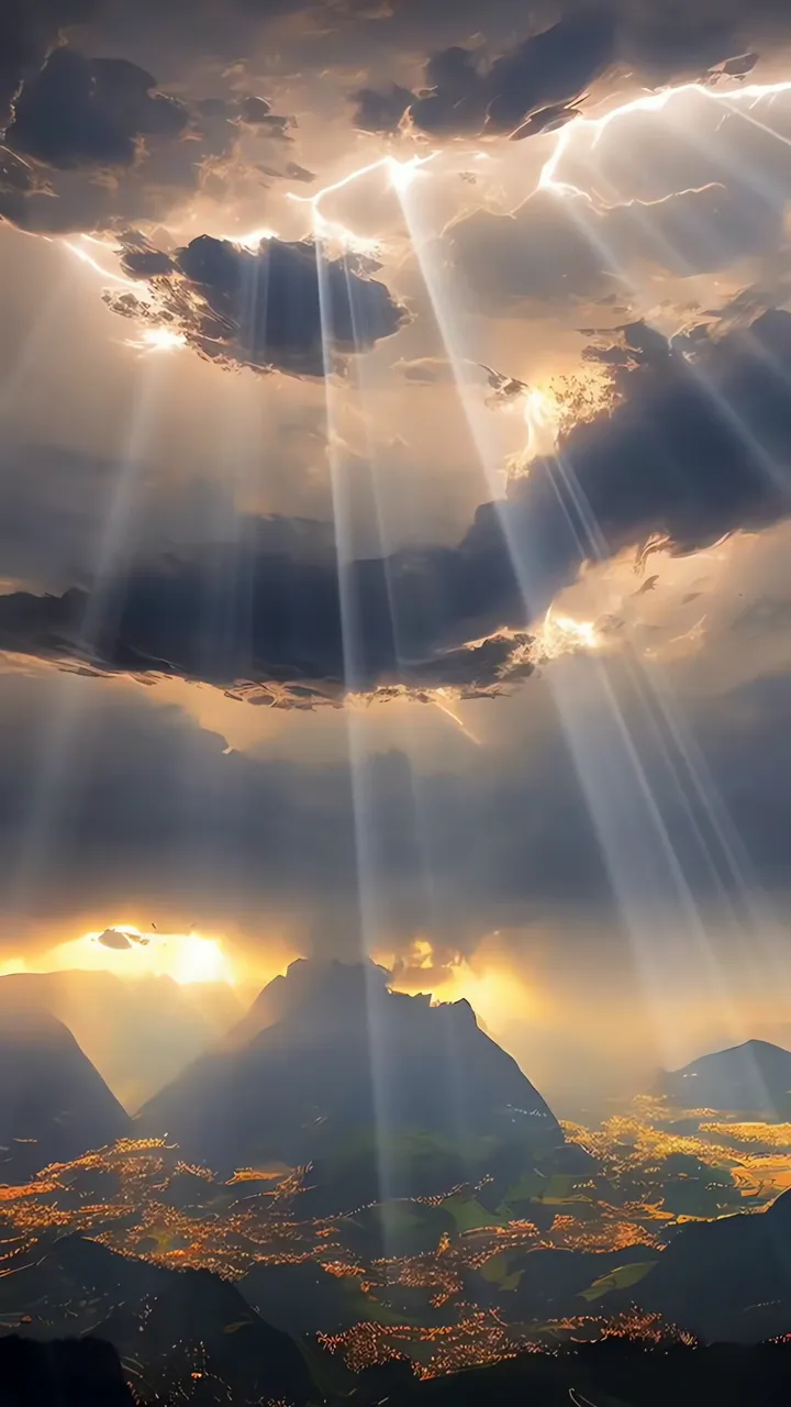 Dramatic Mountain Sunset With Lightning And Golden Sunbeams