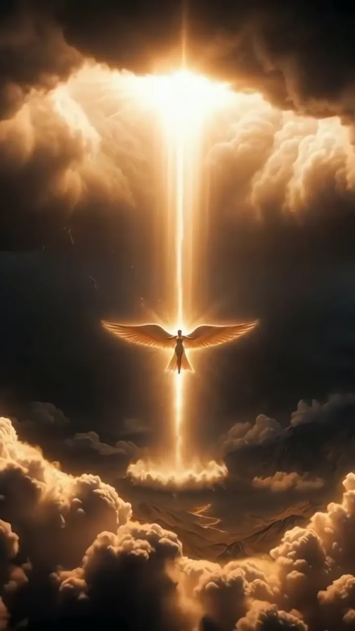 Angel With Wings Ascending Through Divine Light Beam