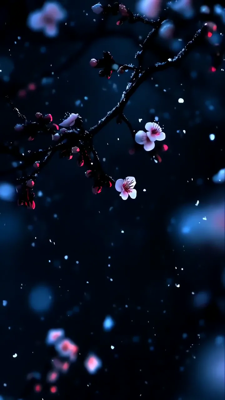 Cherry Blossom Branch With Snowflakes And Blue Glow