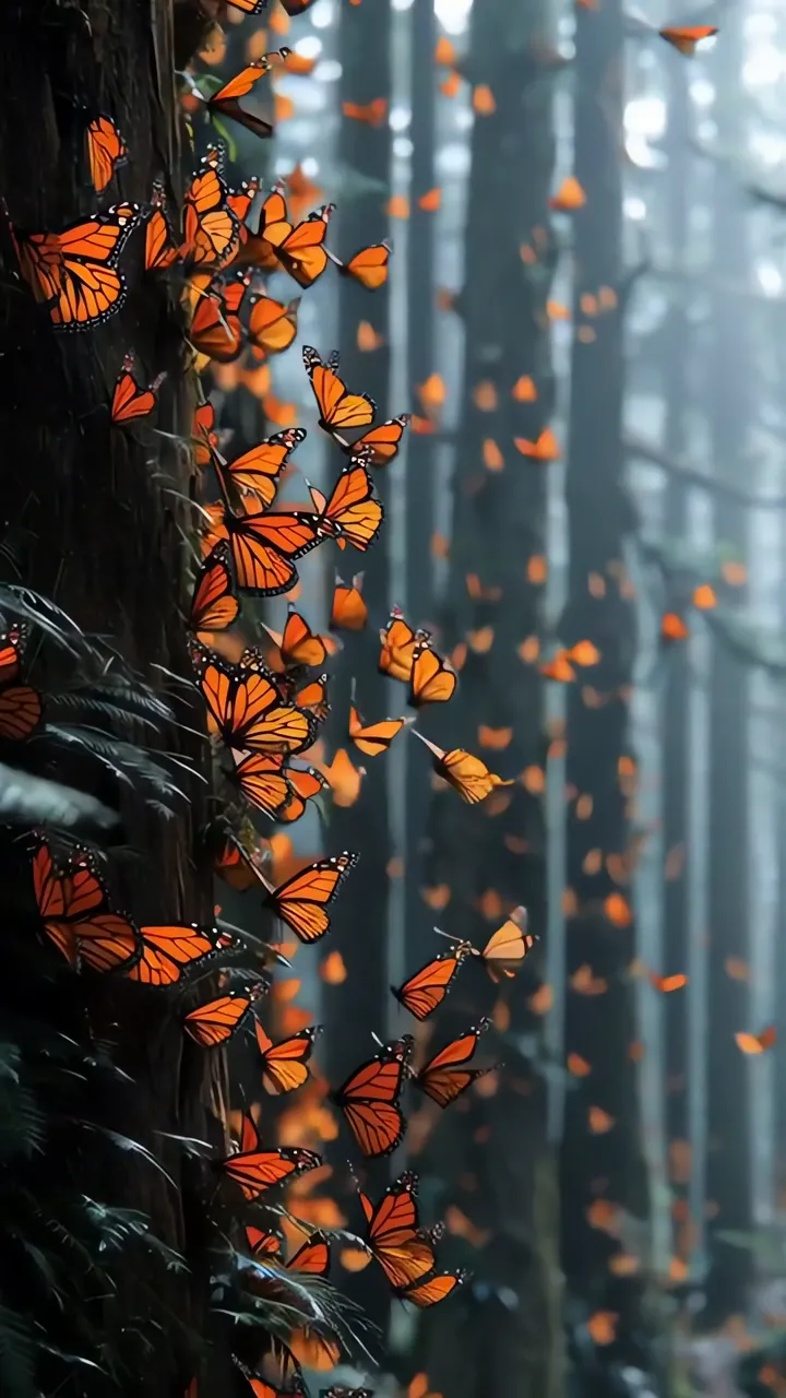 Monarch Butterflies Flying In Mystical Forest