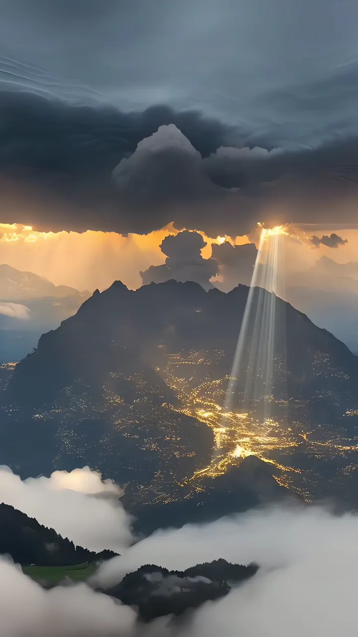 Divine Sunbeam Breaking Through Storm Clouds Over Mountain Town