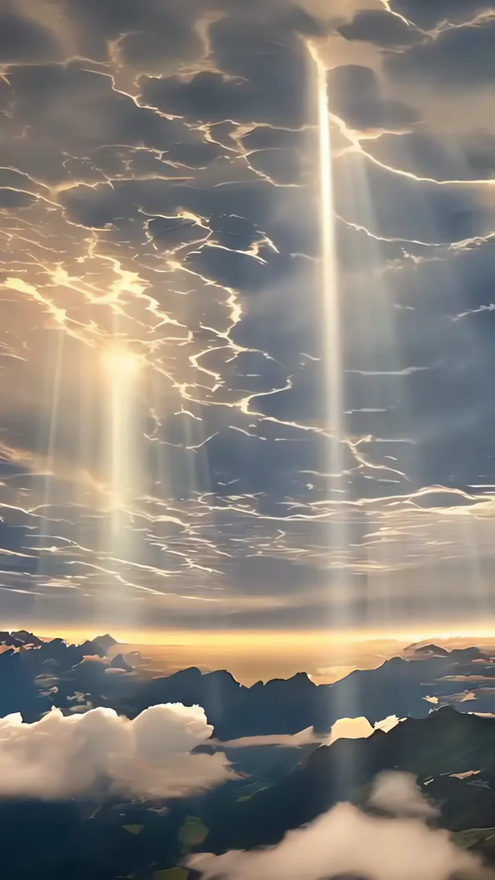 Divine Light Beam Through Clouds Over Mountain Peaks