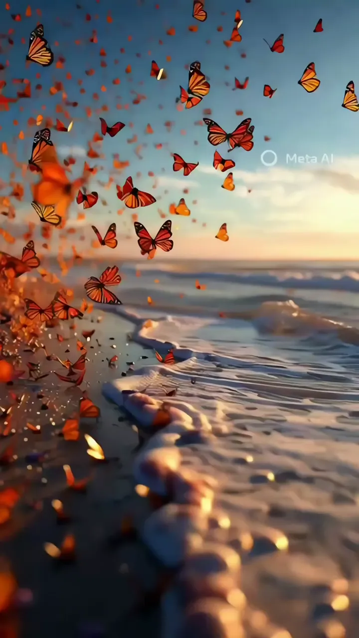 Monarch Butterflies Flying Over Sunset Beach