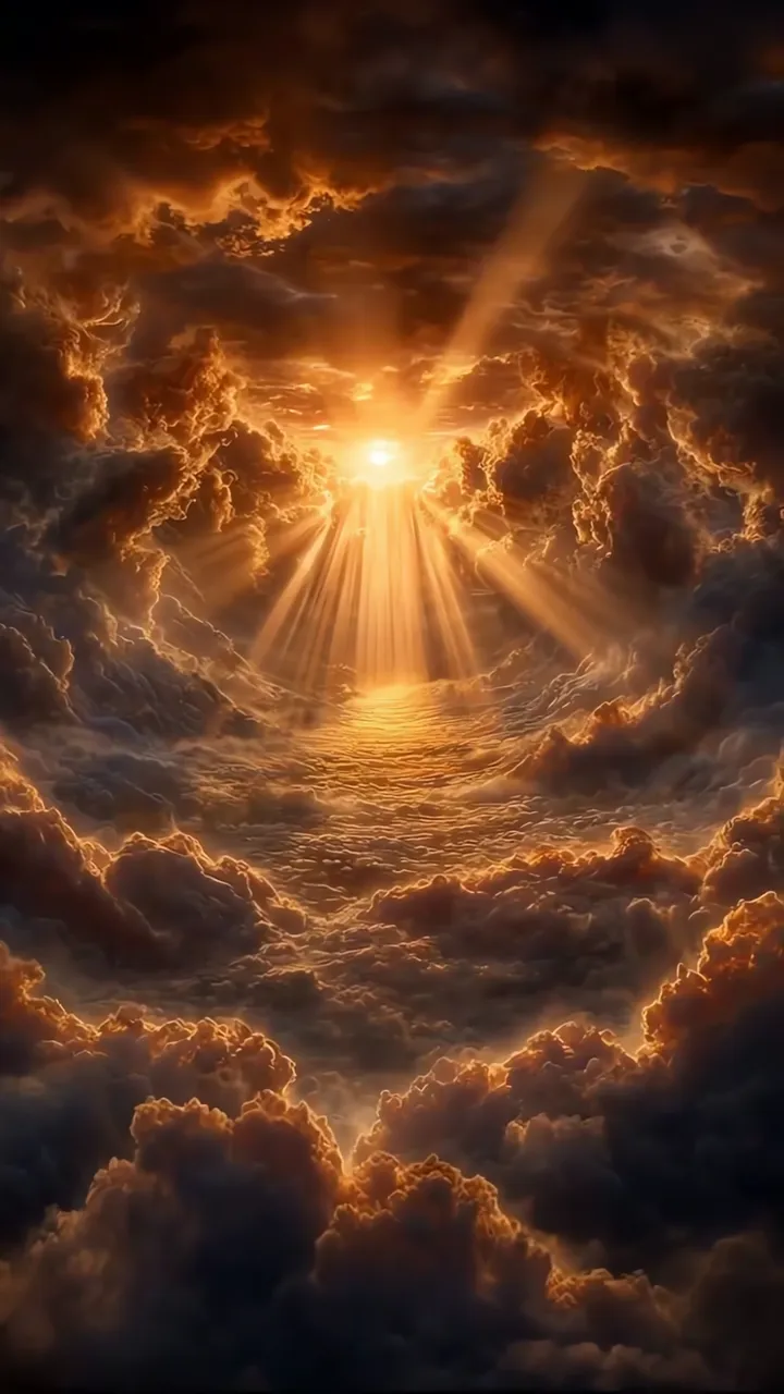 Golden Sunburst Through Clouds With Divine Light Rays