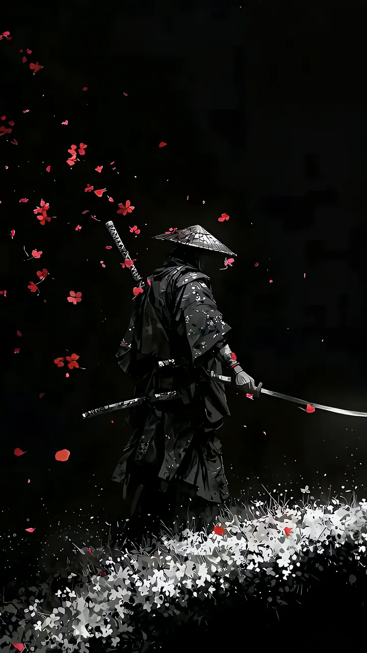 Samurai Warrior With Sword And Falling Cherry Blossoms