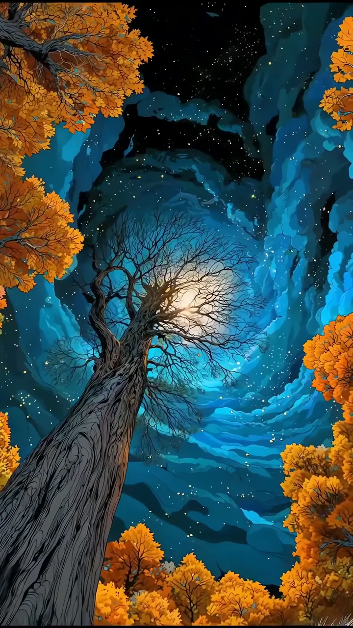 Ancient Tree Under Starry Sky With Autumn Leaves
