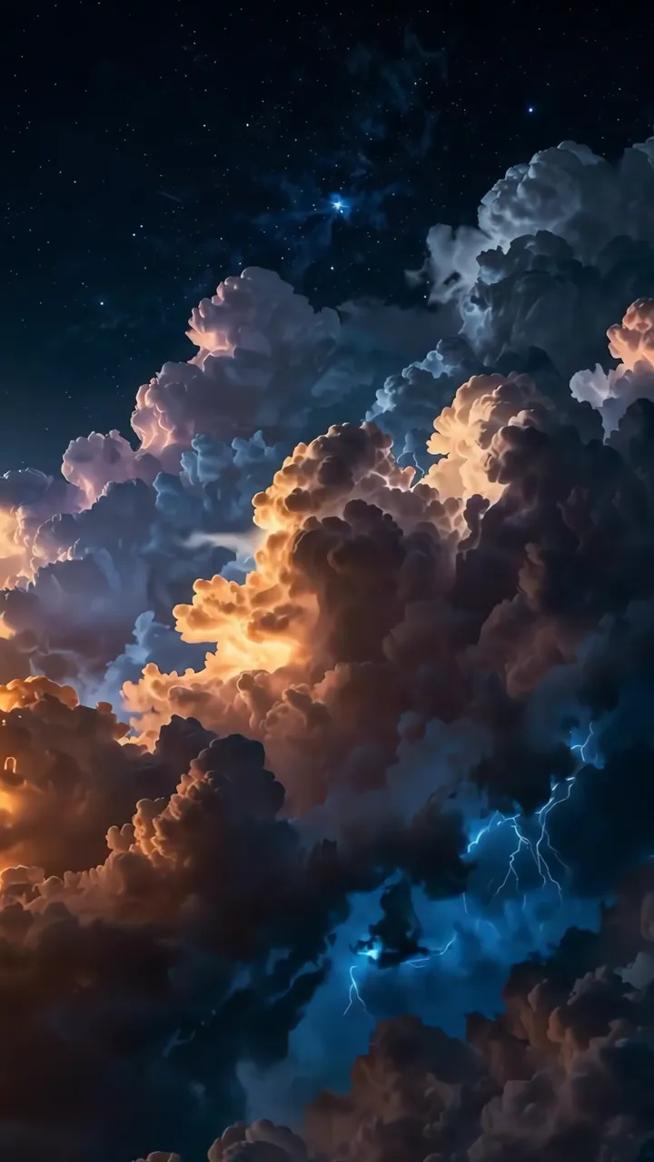 Dramatic Storm Clouds With Lightning And Starry Sky